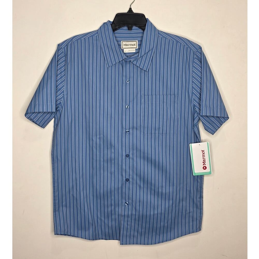 NWT Marmot AirExchange UPF 40 blue stripe button down short sleeve shirt medium